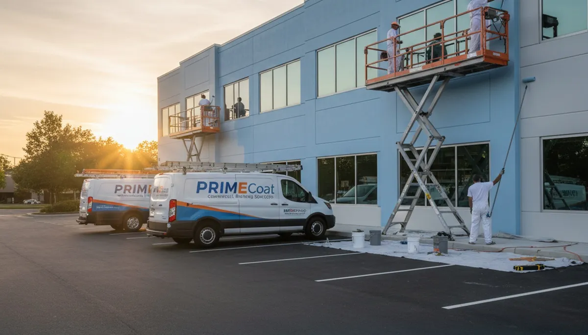 Professional commercial painters working on an office exterior in Cherry Hill, NJ