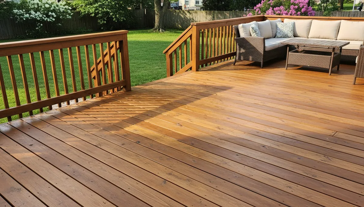 Finished deck staining in Cherry Hill, NJ highlighting rich wood color and weather-protective finish
