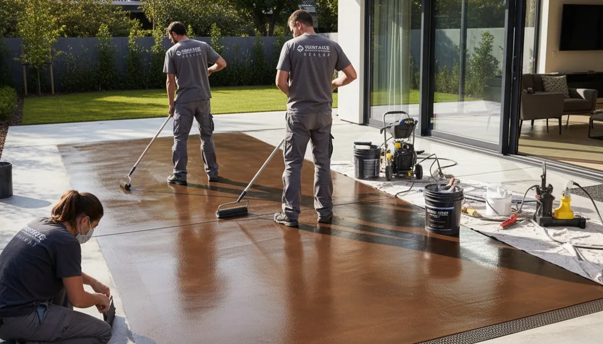 Professional concrete staining on residential patio in Cherry Hill, NJ by expert house painters