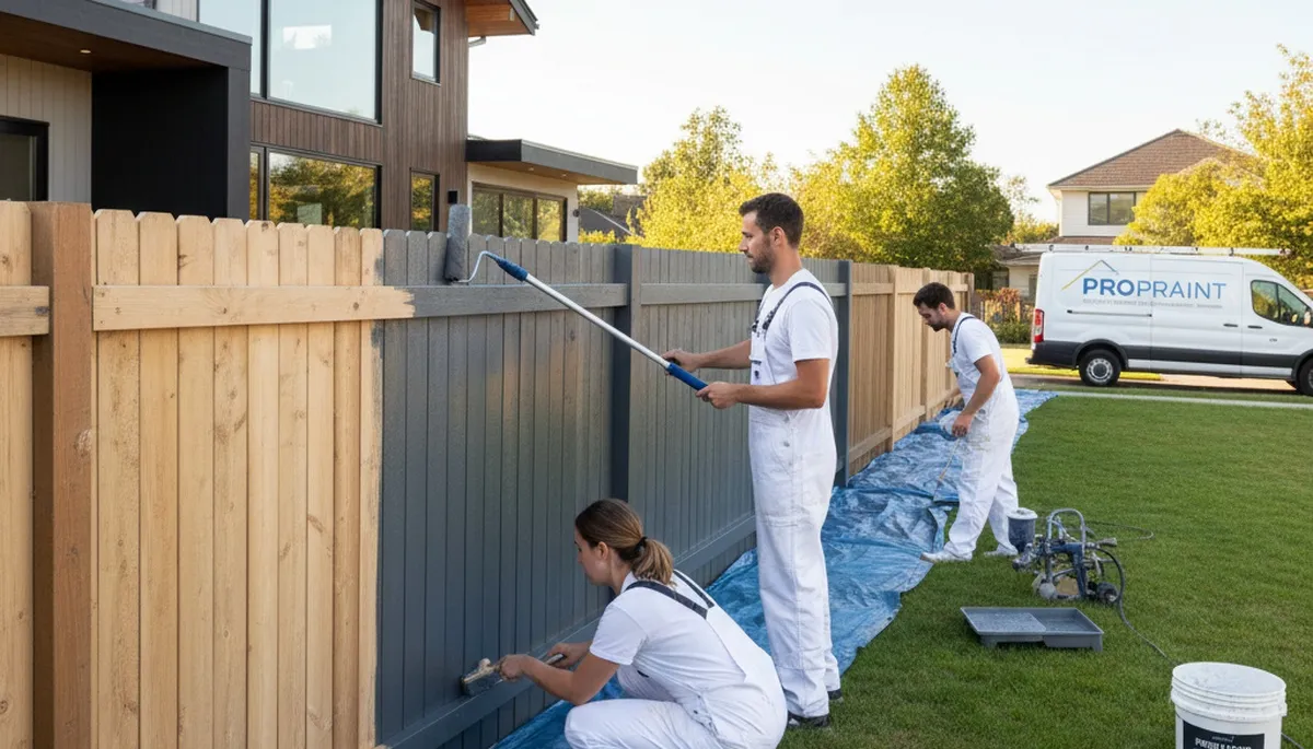 Professional fence painters staining wood fence in Cherry Hill, NJ for lasting curb appeal