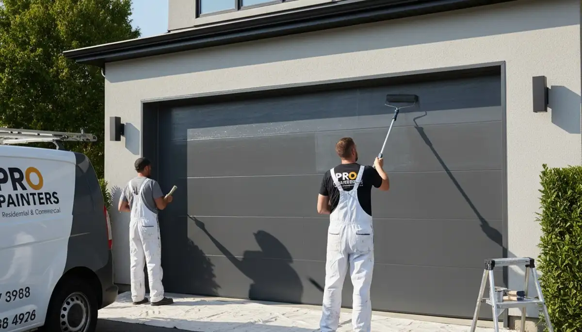 Professional painters refinishing a garage door in Cherry Hill, NJ for durable, weather-resistant curb appeal