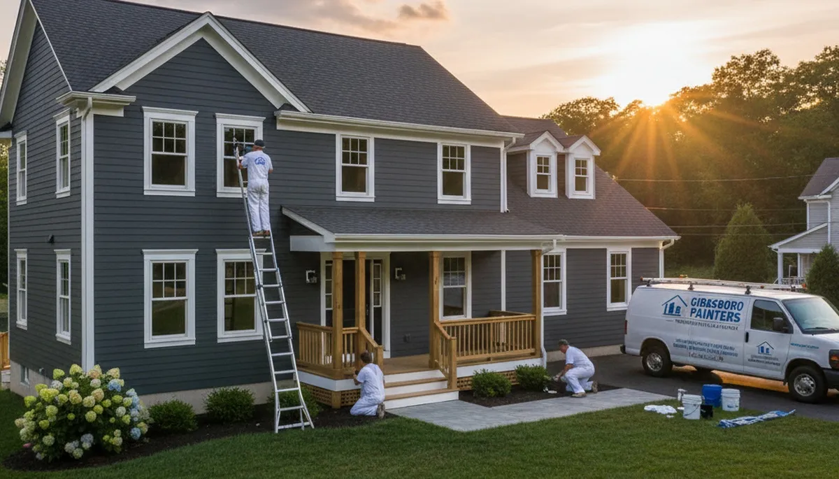 Professional house painters in Cherry Hill NJ applying exterior paint to a suburban home