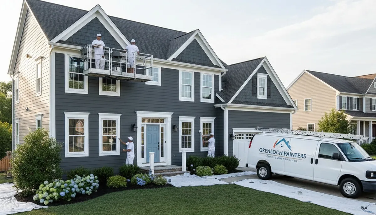 Professional house painters in Cherry Hill NJ applying exterior paint to a suburban home
