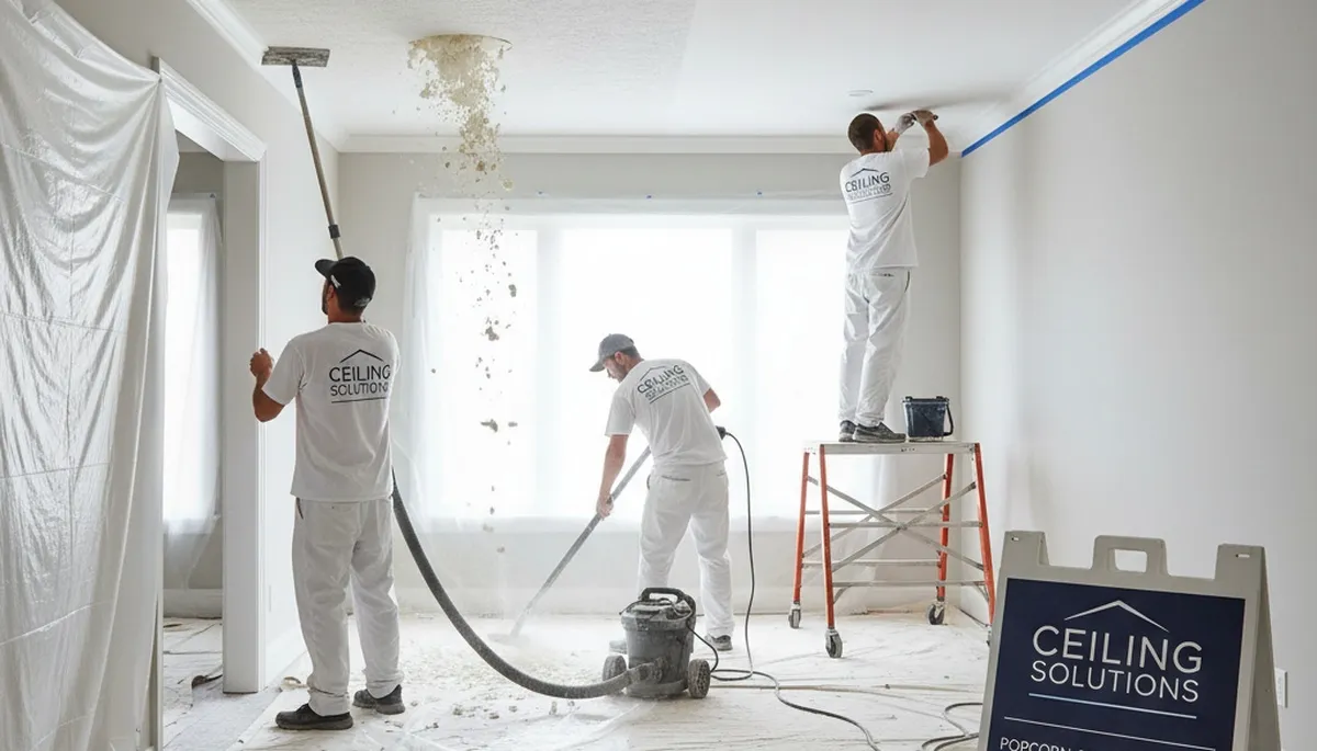Technicians performing popcorn ceiling removal in Cherry Hill NJ home with smooth dust-free finish