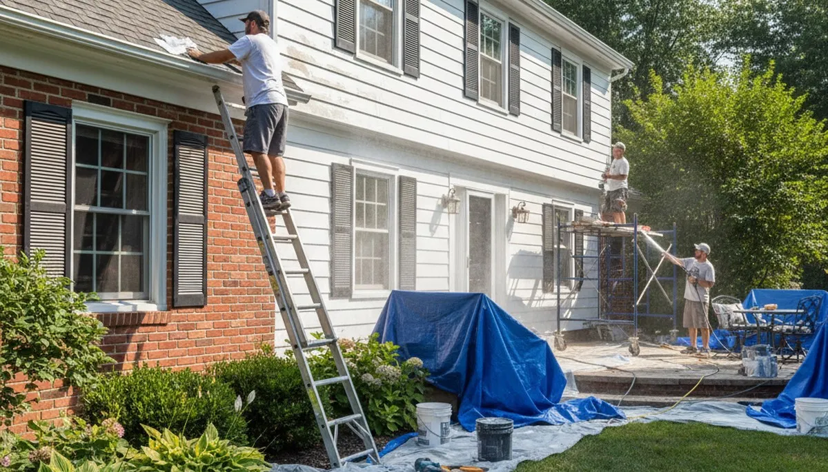 Professional painters prepping exterior surface for new paint in Cherry Hill, NJ home exterior project